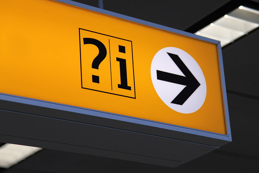 Yellow Information Sign with Arrow and Question Mark Symbol