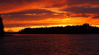 Vibrant Orange Sunset Over Silhouetted Lake and Forest