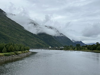 Misty Mountain River Landscape with Bridge and Forest