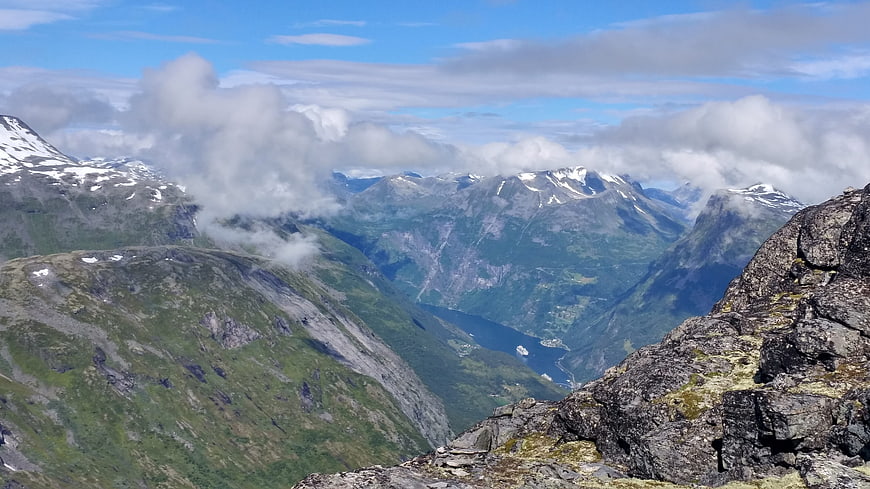 Panoramic View of Snow-Capped Mountains and Fjord