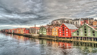 Colorful wooden wharf buildings in Trondheim, Norway