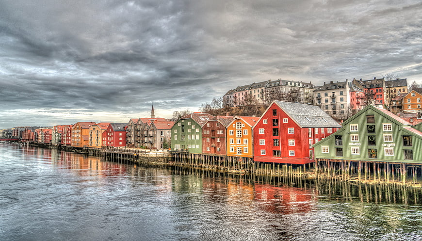 Colorful wooden wharf buildings in Trondheim, Norway