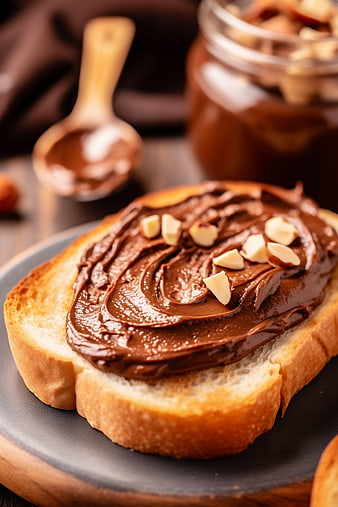 Close-up of Toast with Chocolate Hazelnut Spread and Nuts