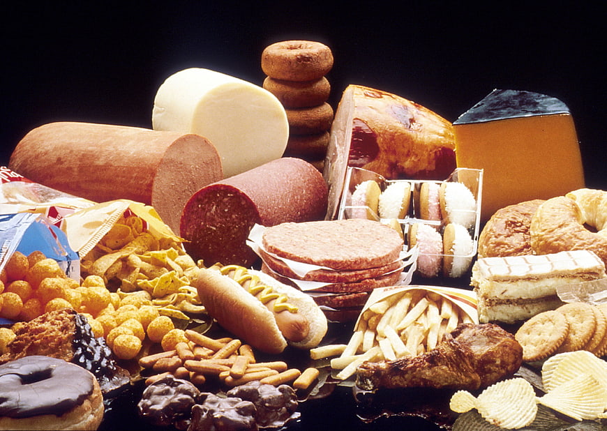 Assortment of high fat processed foods, cheese, and snacks