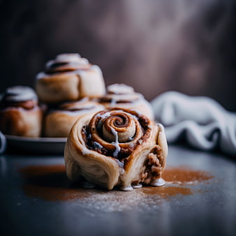 Close-up of glazed cinnamon roll with cinnamon dust
