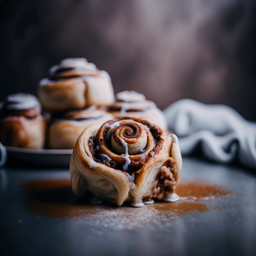 Close-up of glazed cinnamon roll with cinnamon dust