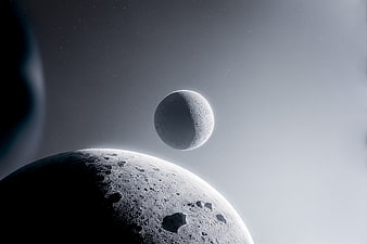 Cinematic 3D render of cratered moons in deep space