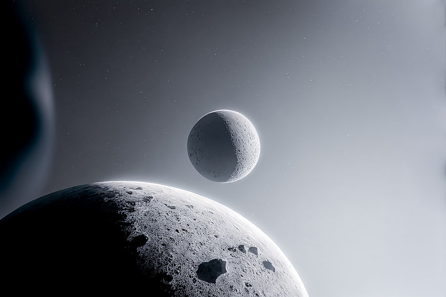 Cinematic 3D render of cratered moons in deep space