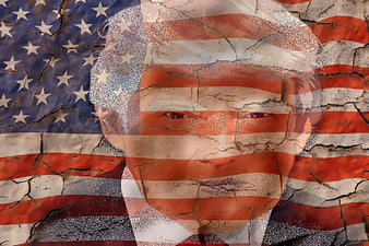 Double exposure portrait of Donald Trump with cracked American flag texture