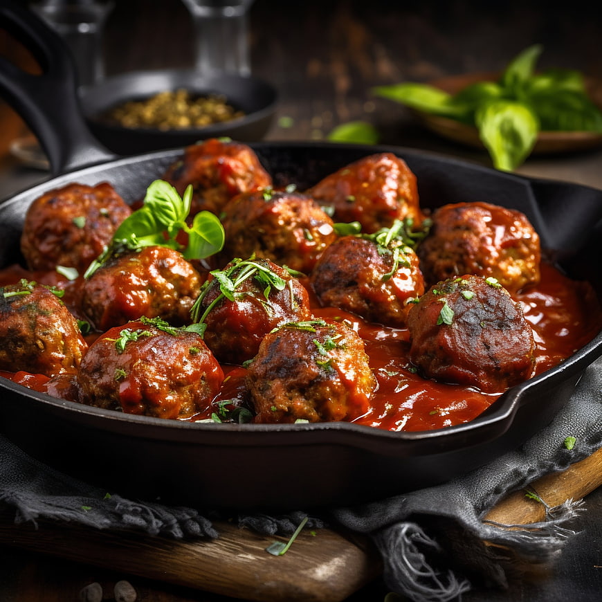 Savory Meatballs in Cast Iron Skillet with Tomato Sauce