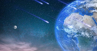 Earth and Moon with Meteor Shower in Deep Space