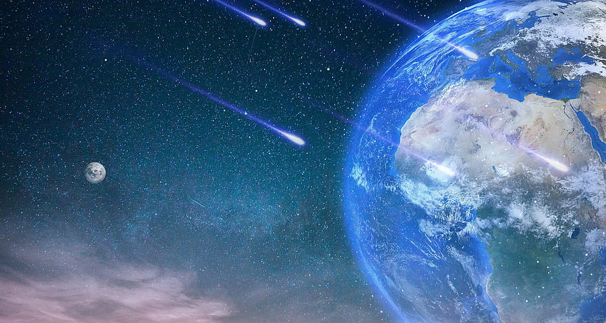 Earth and Moon with Meteor Shower in Deep Space
