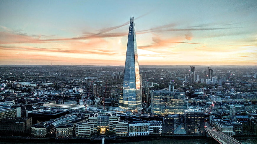 Aerial View of The Shard in London at Sunset