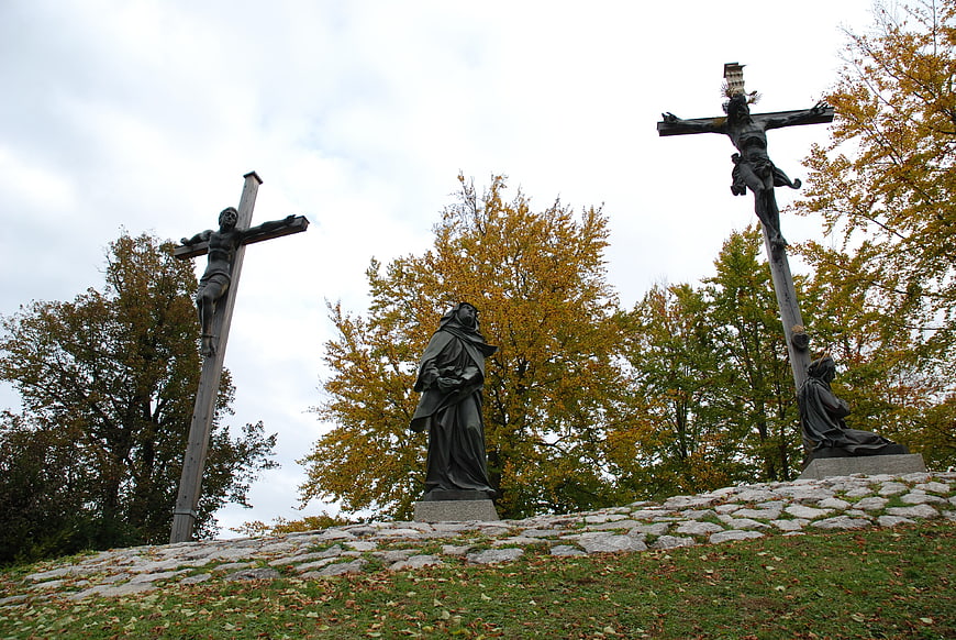 Outdoor Crucifixion Sculpture with Autumn Trees