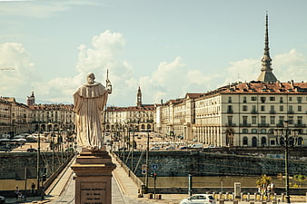 Piazza Vittorio Emanuele II in Turin, Italy with Statue and Mole Antonelliana