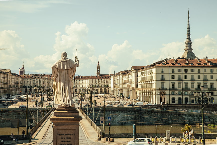 Piazza Vittorio Emanuele II in Turin, Italy with Statue and Mole Antonelliana