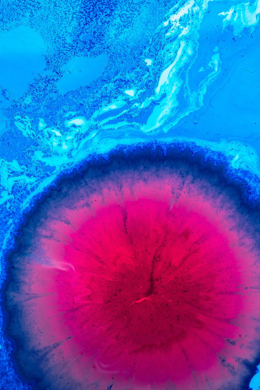 Abstract fluid art with vibrant pink and blue ink swirls