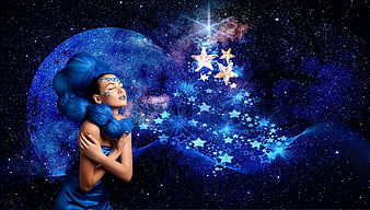 Fantasy woman with blue hair and stars in space