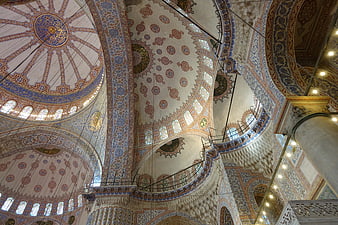 Ornate Ottoman Mosque Ceiling with Iznik Tiles and Calligraphy
