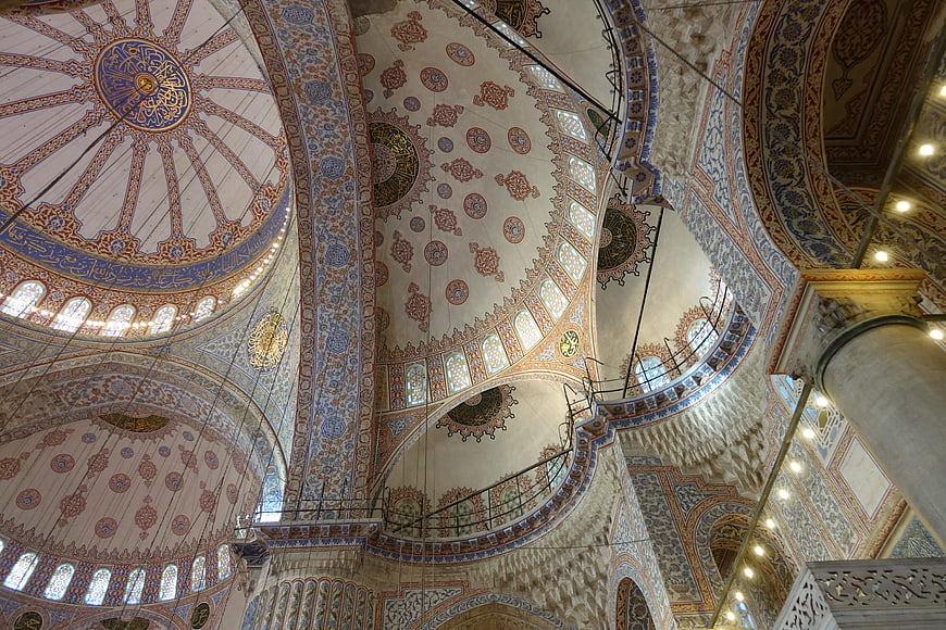 Ornate Ottoman Mosque Ceiling with Iznik Tiles and Calligraphy