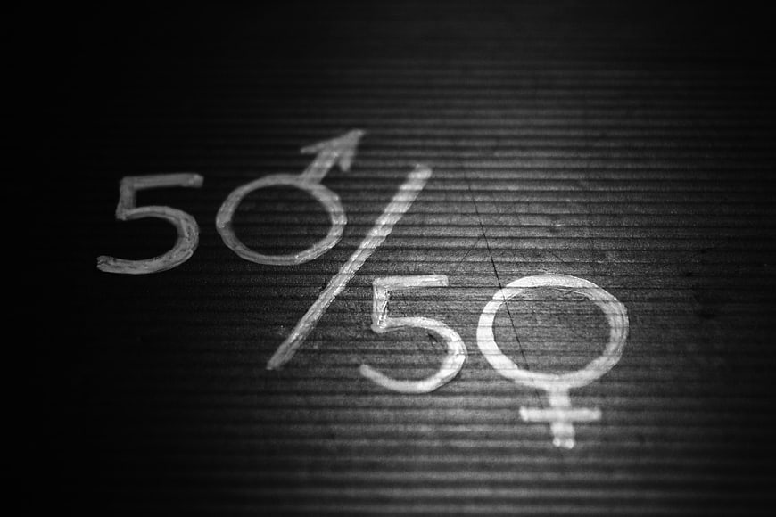 50/50 Gender Equality Concept Written In Chalk On Dark Wooden Surface