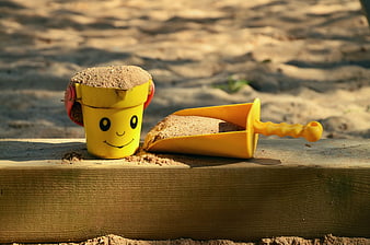Yellow Smiley Bucket and Shovel in Sandpit
