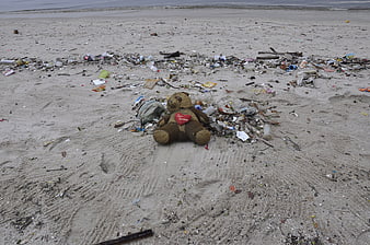 Abandoned Teddy Bear Surrounded By Plastic Trash On Polluted Beach