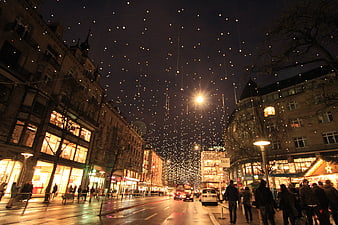 Zurich Christmas Market Night Street with Hanging Lights