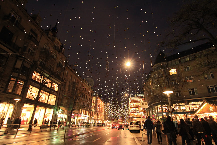 Zurich Christmas Market Night Street with Hanging Lights