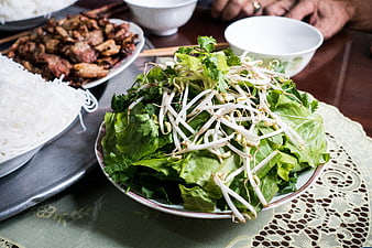 Fresh Vietnamese herbs and bean sprouts for Bun Cha