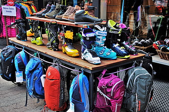 Outdoor Gear Display With Ski Boots And Backpacks