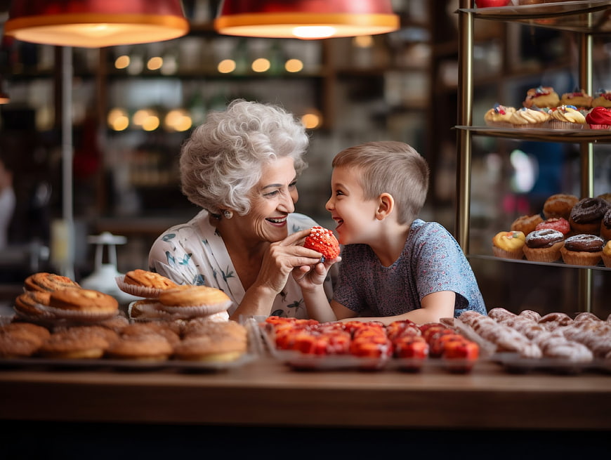 Grandmother and grandson sharing a strawberry cupcake in a bakery