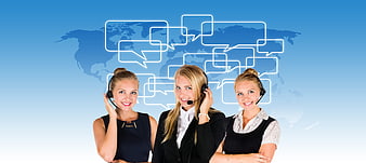 Three Female Call Center Agents With Headsets And Global Communication Map