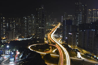 Nighttime Cityscape with Long Exposure Traffic Light Trails