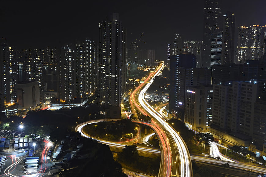 Nighttime Cityscape with Long Exposure Traffic Light Trails
