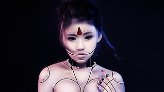 Cyberpunk Asian Woman Portrait With Futuristic Robot Face Design