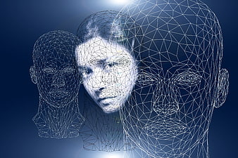 Abstract wireframe human faces representing psychology and identity