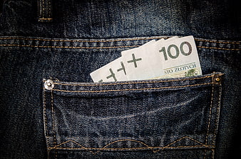 Polish 100 Zloty Banknotes In Denim Jeans Pocket Close Up
