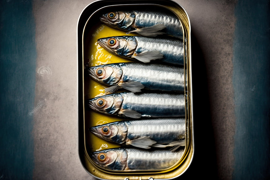 Open tin of sardines in oil top view