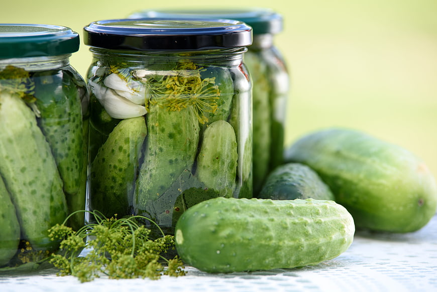 Homemade Pickled Cucumbers in Glass Jars with Fresh Dill