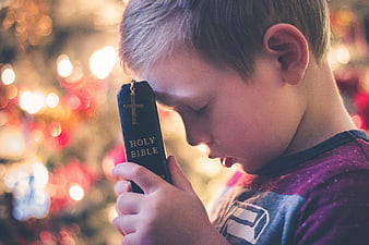 Young Boy Praying with Holy Bible in Front of Christmas Tree