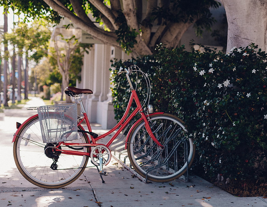 Red bicycle parked on sidewalk near flowering bushes