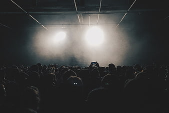 Silhouette of concert crowd under bright stage lights and smoke