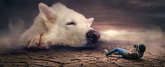 Surreal giant sleeping white dog with photographer on cracked earth