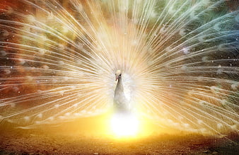 White Peacock Displaying Feathers with Golden Light