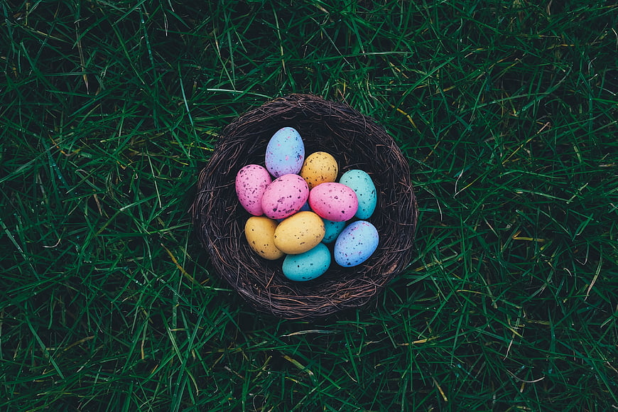 Colorful speckled Easter eggs in a natural twig nest on green grass