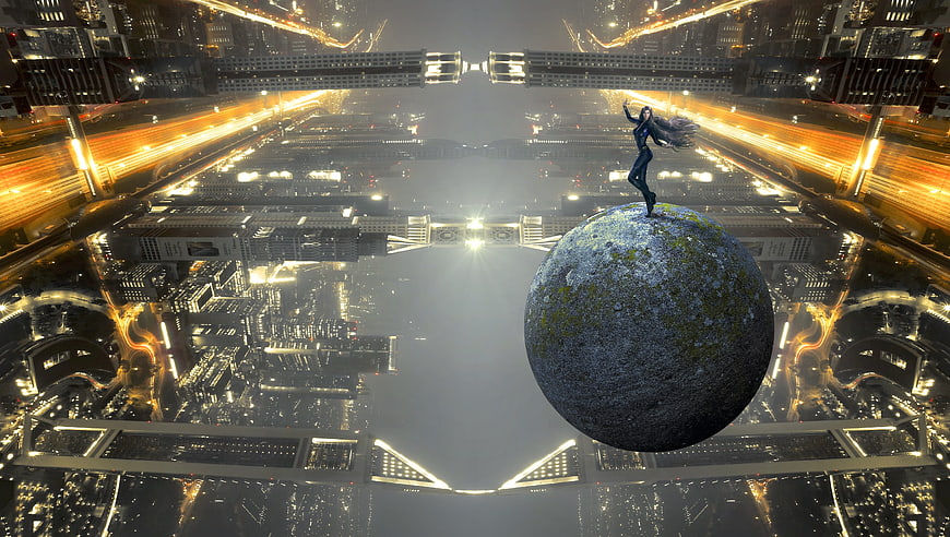 Woman standing on floating planet in futuristic cityscape