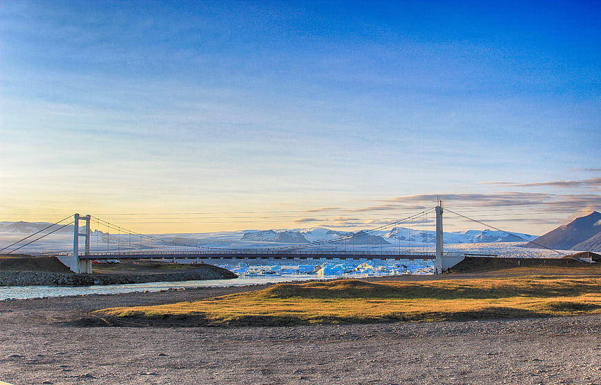 Suspension Bridge Over Glacial River in Iceland Landscape