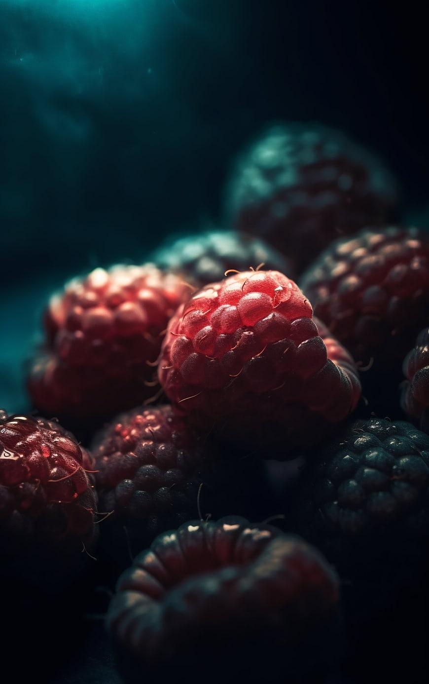 Cinematic Close-Up of Fresh Raspberries with Dramatic Lighting