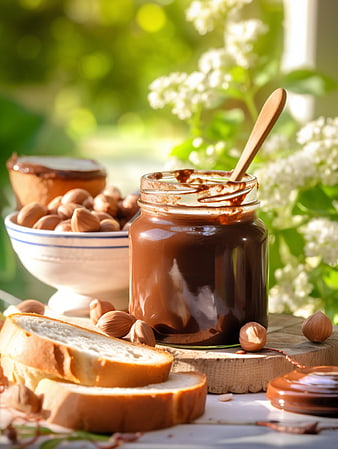 Hazelnut Spread Jar with Bread and Nuts